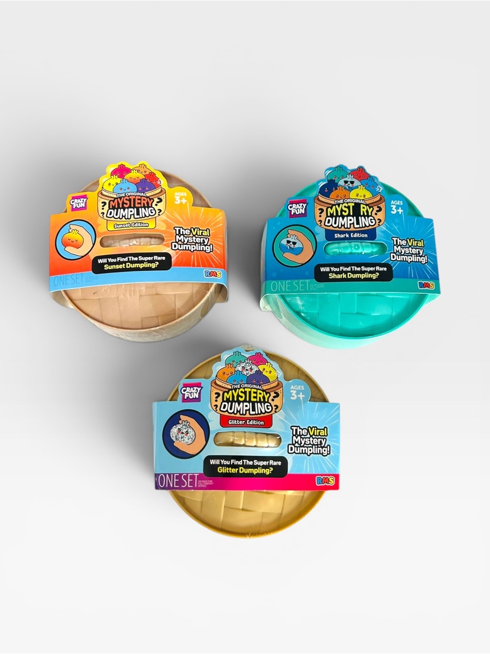 Crazy Fun RMS Mystery Dumpling Squishy Bundle Sunset Shark Glitter 3 Pack NEW
